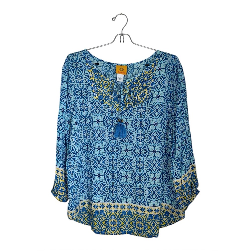 Ruby Rd Women’s Blue Yellow Metallic Blouse with Tassels Size Large - Picture 4 of 11